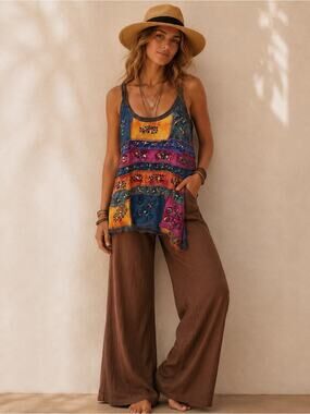 KPC 100% Cotton Embroidered 90's Y2K Patchwork Cami, Boho Hippie Free Spirit, S
